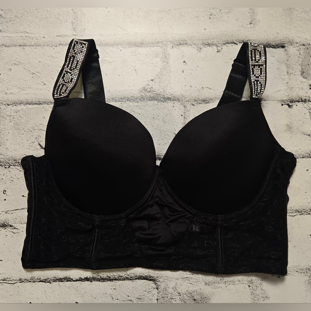 Bebe Black Longline Bra 34C Rhinestone Straps